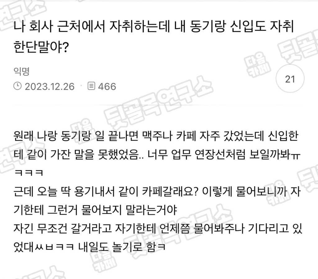 나 회사 근처에서 자취하는데 내 동기랑 신입도 자취한단 말이야?