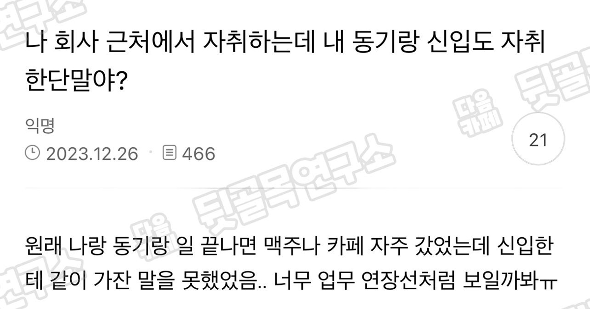 나 회사 근처에서 자취하는데 내 동기랑 신입도 자취한단 말이야?