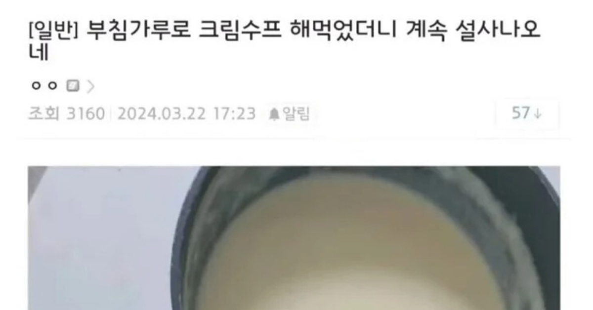 부침가루로 크림수프 해먹었더니 배탈났네