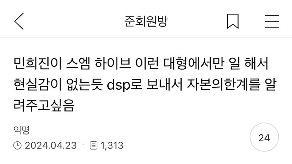 민희진이 스엠 하이브 이런 대형에서만 일해서 현실감이 없는듯...