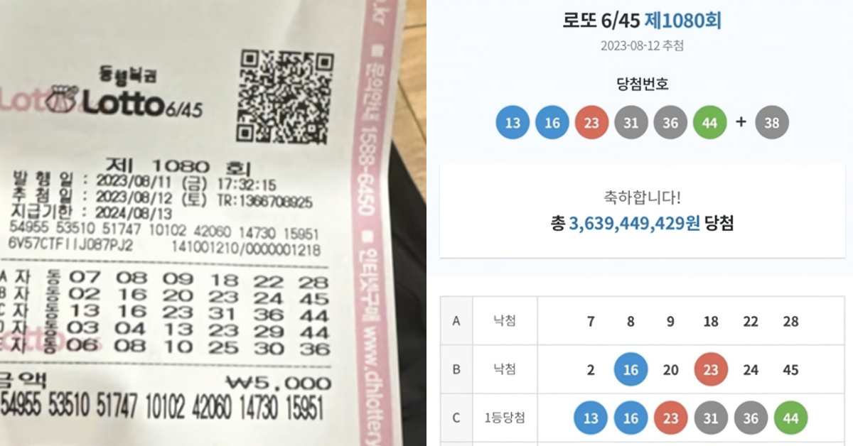 23년 8월 로또 1등 당첨자 실제 인증