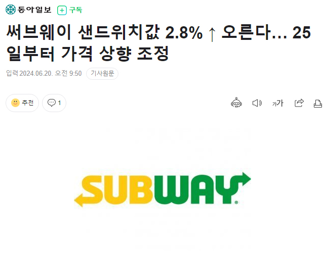 써브웨이 샌드위치값 2.8% ↑ 오른다… 25일부터 가격 상향 조정