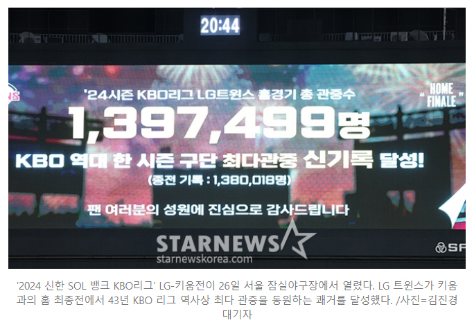 [오피셜] LG, KBO 43년 역사상 최초 대기록 '쾌거'... 롯데 넘고 최다 관중 '139만 7499명' 신기록 달성